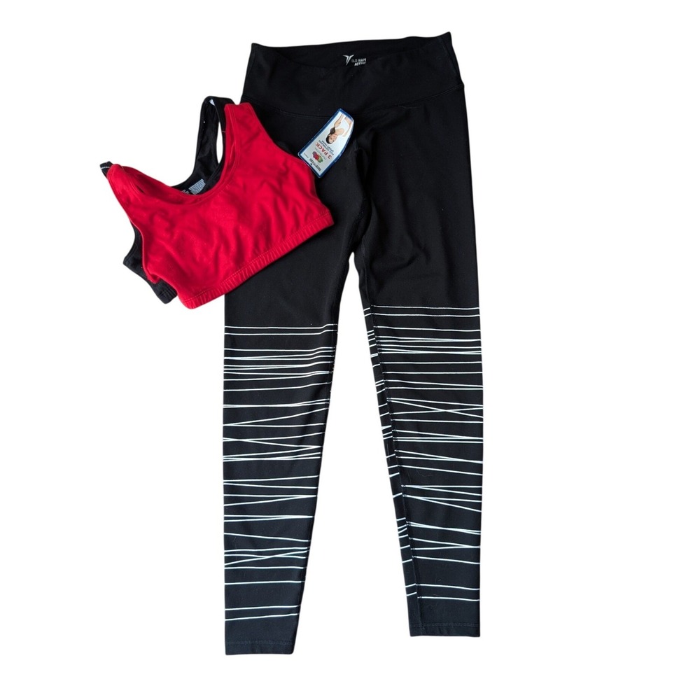 Old Navy Go-Dry Leggings Black White Pattern & Fruit of the Loom Sports Bra‎ Set